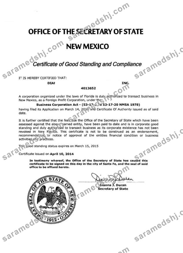 USA New Mexico certificate of good standing